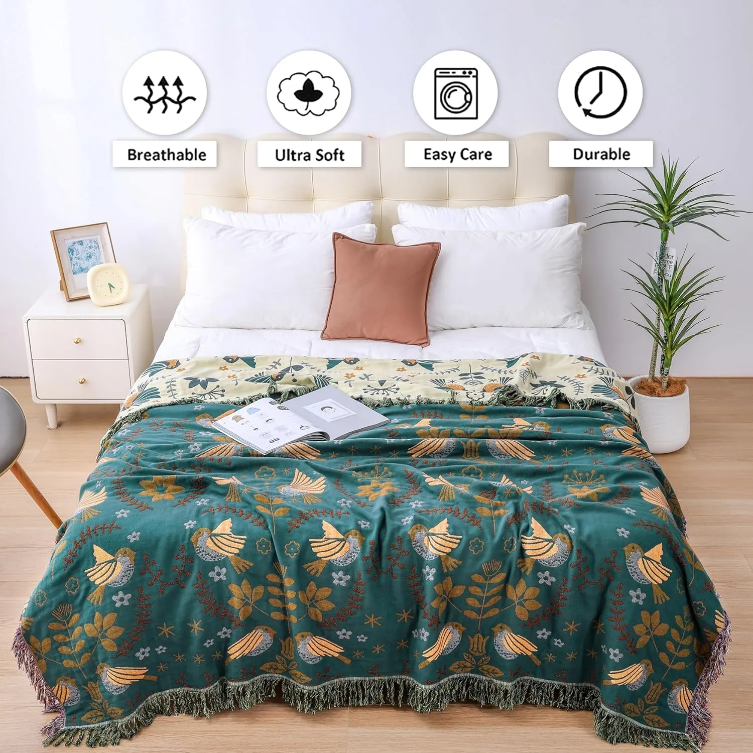 Boho Large Throw Blanket for Bed, 100% Muslin Cotton Soft Breathable Throw-Floral Bird Rustic Decor Blanket for Couch Sofa Quilt and Gift, 60" x 80"-Teal/Beige