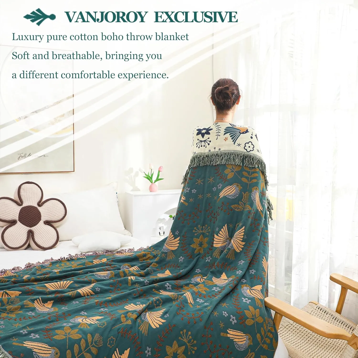 Boho Large Throw Blanket for Bed, 100% Muslin Cotton Soft Breathable Throw-Floral Bird Rustic Decor Blanket for Couch Sofa Quilt and Gift, 60" x 80"-Teal/Beige