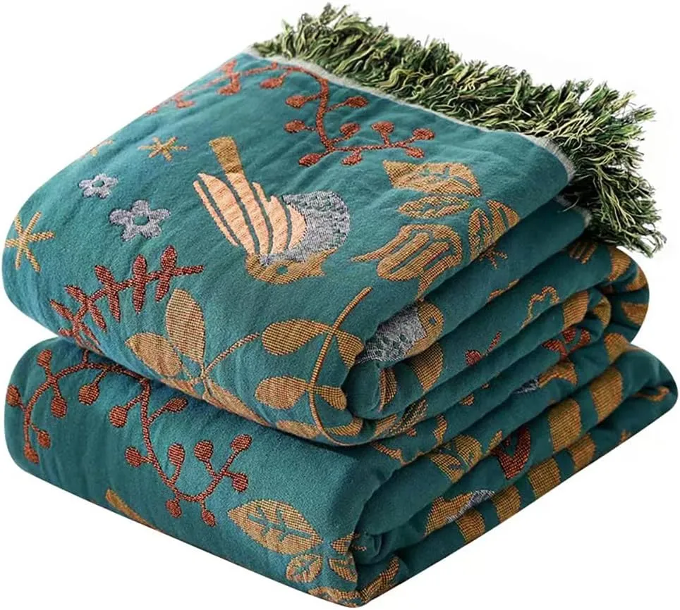 Boho Large Throw Blanket for Bed, 100% Muslin Cotton Soft Breathable Throw-Floral Bird Rustic Decor Blanket for Couch Sofa Quilt and Gift, 60" x 80"-Teal/Beige