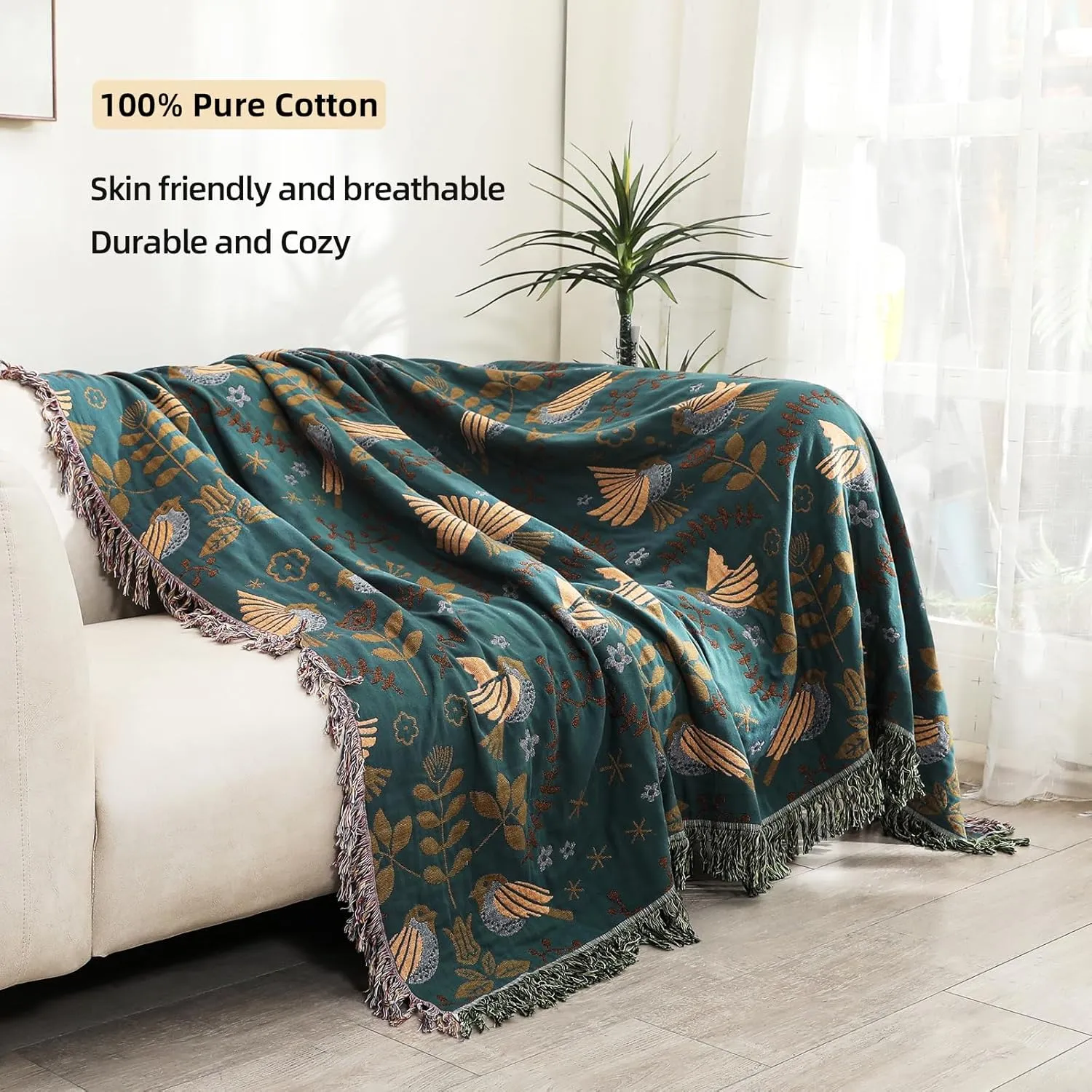 Boho Large Throw Blanket for Bed, 100% Muslin Cotton Soft Breathable Throw-Floral Bird Rustic Decor Blanket for Couch Sofa Quilt and Gift, 60" x 80"-Teal/Beige