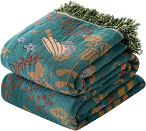Boho Large Throw Blanket for Bed, 100% Muslin Cotton Soft Breathable Throw-Floral Bird Rustic Decor Blanket for Couch Sofa Quilt and Gift, 60" x 80"-Teal/Beige