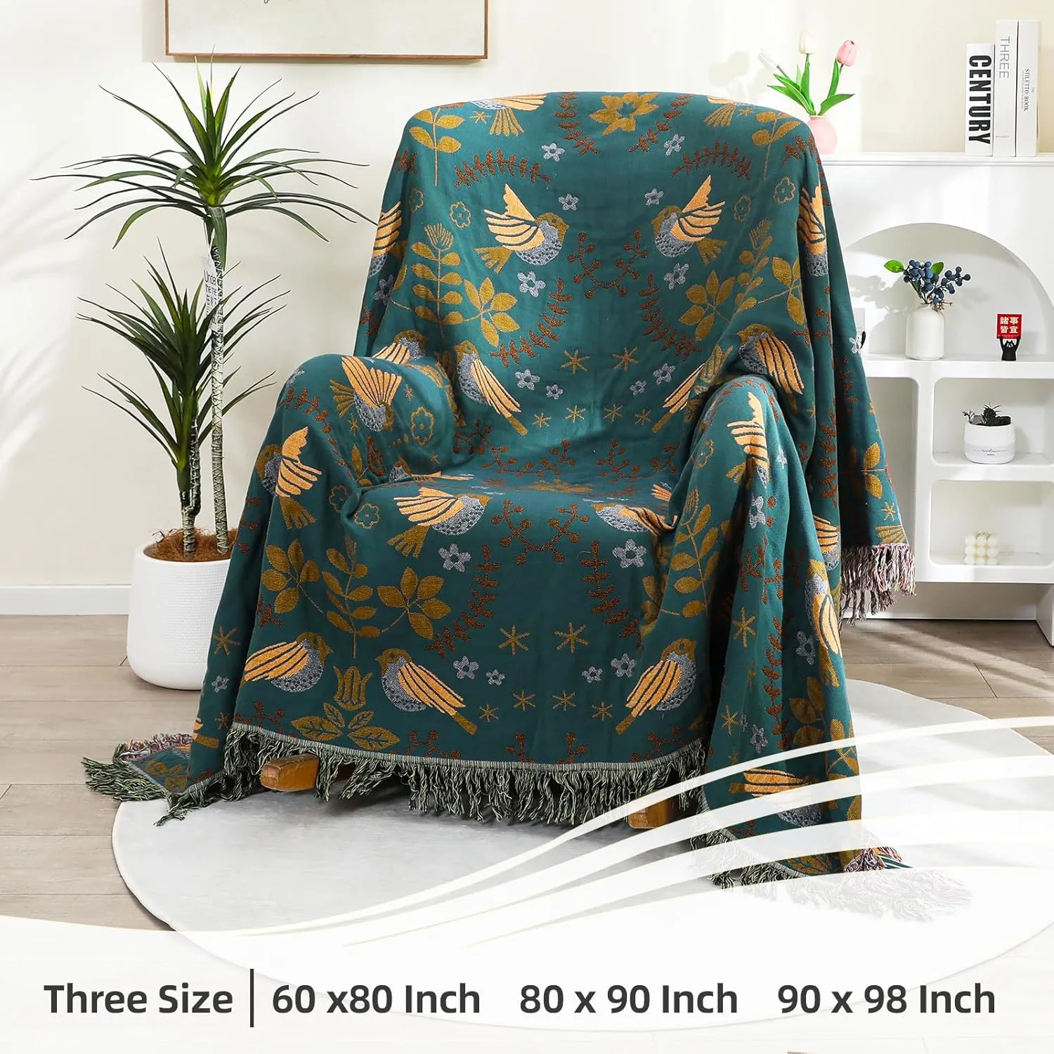 Boho Large Throw Blanket for Bed, 100% Muslin Cotton Soft Breathable Throw-Floral Bird Rustic Decor Blanket for Couch Sofa Quilt and Gift, 60" x 80"-Teal/Beige