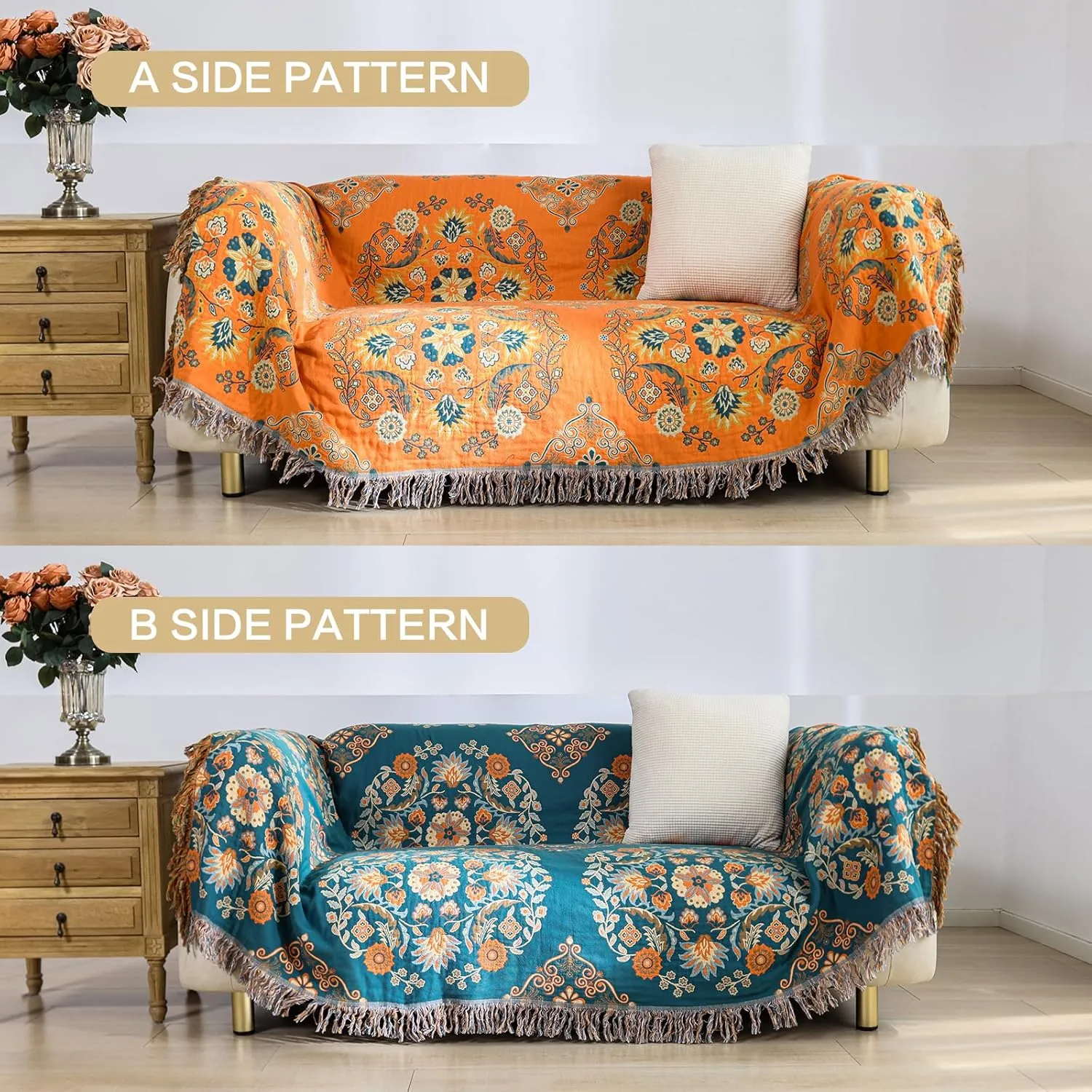 Boho Throw Blanket, 100% Cotton Muslin Breathable Soft Bed Throw - Floral Farmhouse Decor Blanket for Sofa Couch Chair and Gift. 60" x 80"- Orange
