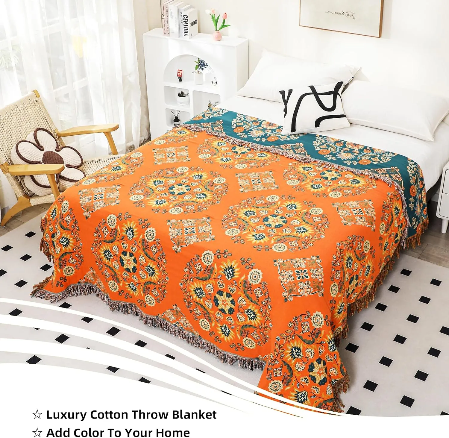 Boho Throw Blanket, 100% Cotton Muslin Breathable Soft Bed Throw - Floral Farmhouse Decor Blanket for Sofa Couch Chair and Gift. 60" x 80"- Orange