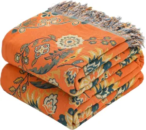 Boho Throw Blanket, 100% Cotton Muslin Breathable Soft Bed Throw - Floral Farmhouse Decor Blanket for Sofa Couch Chair and Gift. 60" x 80"- Orange
