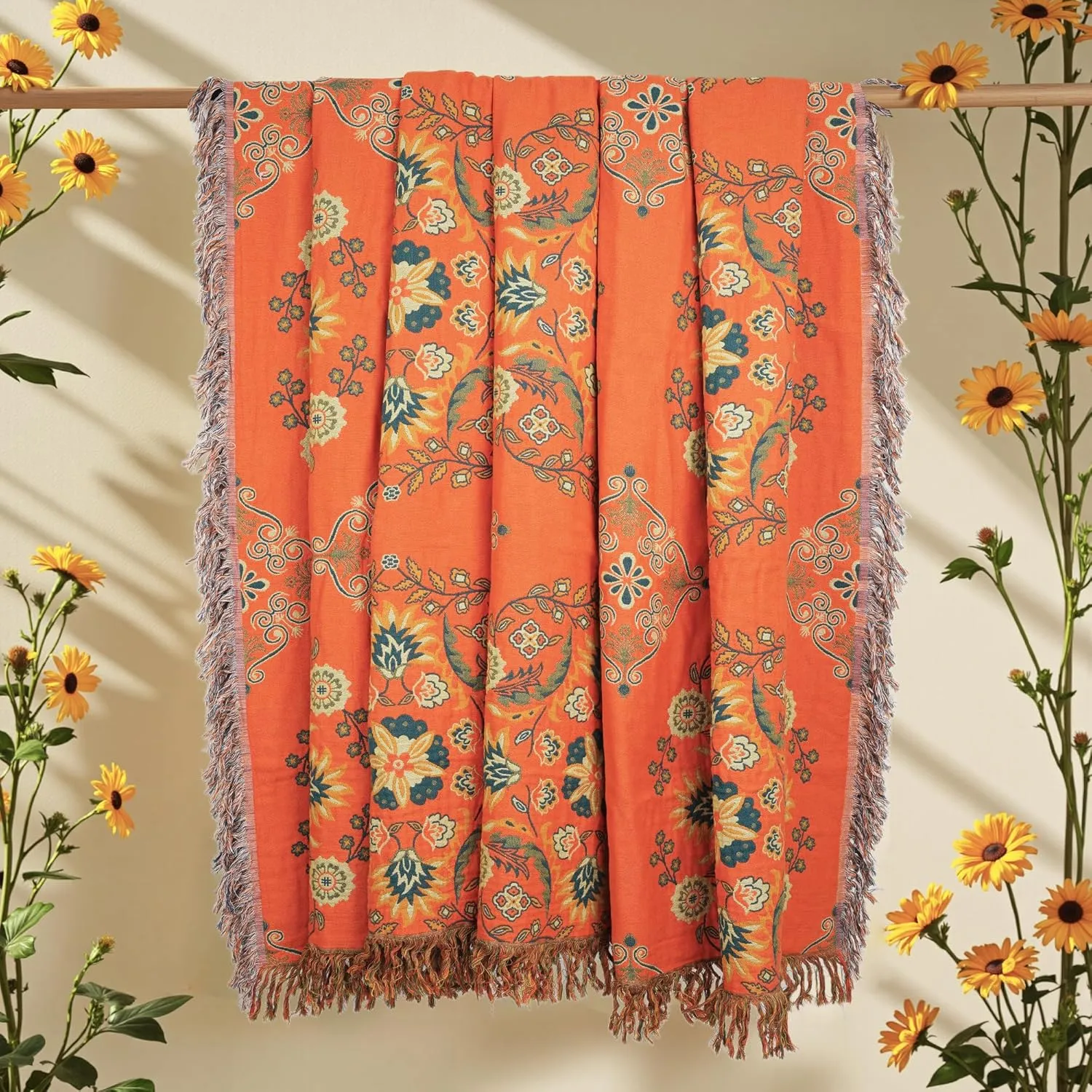 Boho Throw Blanket, 100% Cotton Muslin Breathable Soft Bed Throw - Floral Farmhouse Decor Blanket for Sofa Couch Chair and Gift. 60" x 80"- Orange