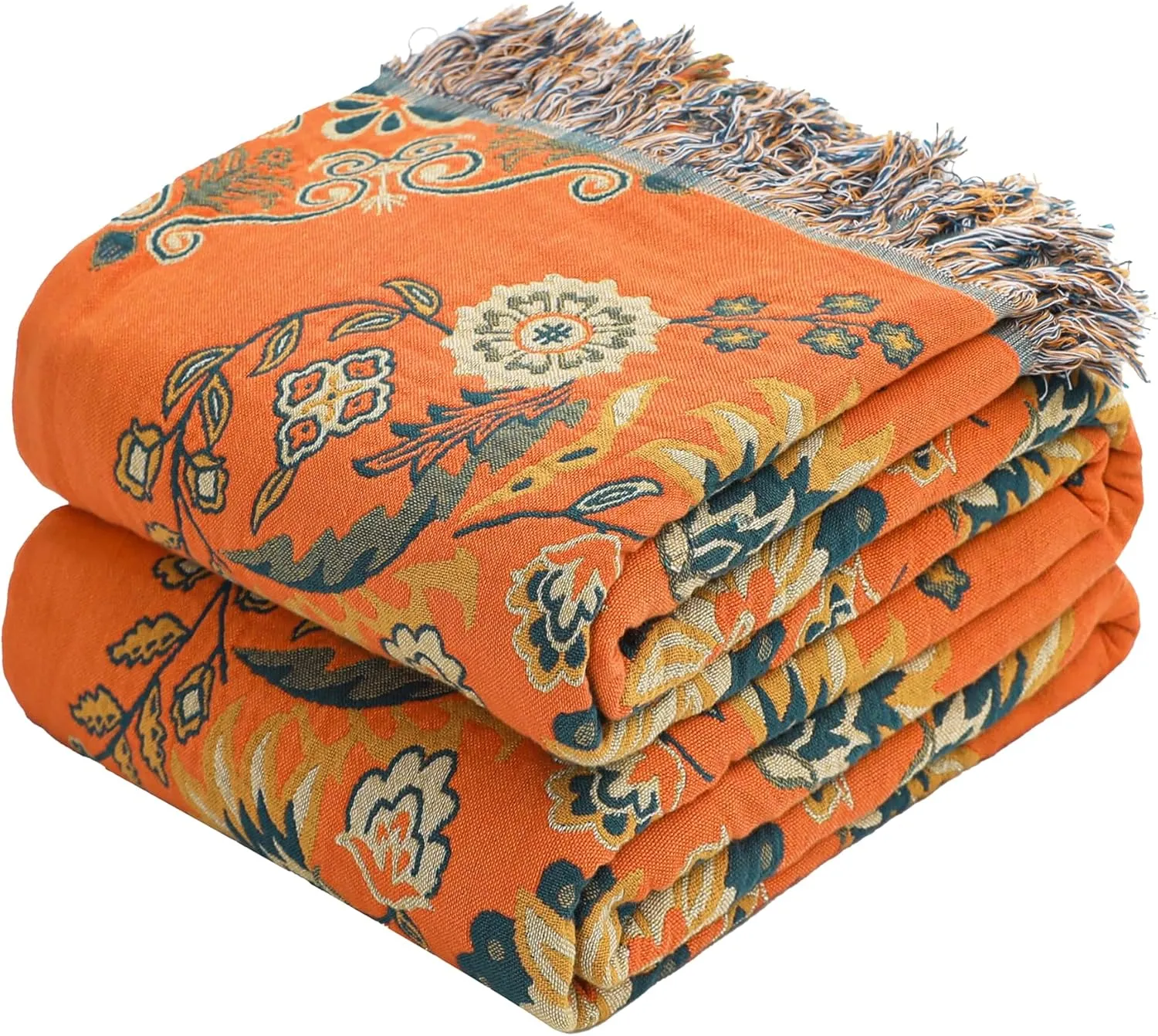 Boho Throw Blanket, 100% Cotton Muslin Breathable Soft Bed Throw - Floral Farmhouse Decor Blanket for Sofa Couch Chair and Gift. 60" x 80"- Orange