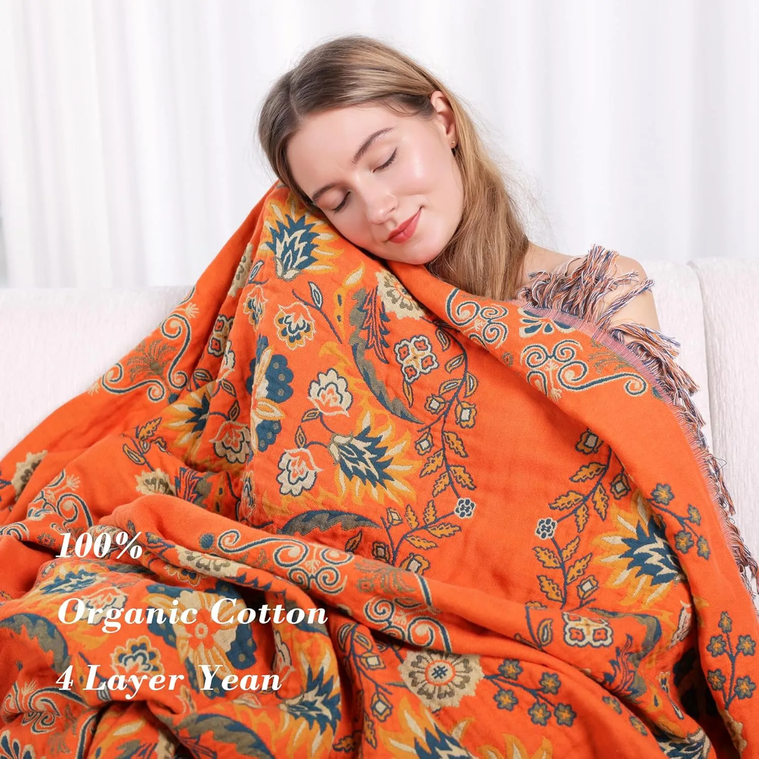 Boho Throw Blanket, 100% Cotton Muslin Breathable Soft Bed Throw - Floral Farmhouse Decor Blanket for Sofa Couch Chair and Gift. 60" x 80"- Orange