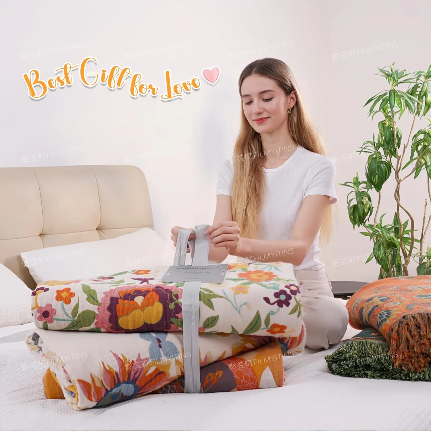 Boho Throw Blanket, 100% Cotton Muslin Breathable Soft Bed Throw - Floral Farmhouse Decor Blanket for Sofa Couch Chair and Gift. 60" x 80"- Orange
