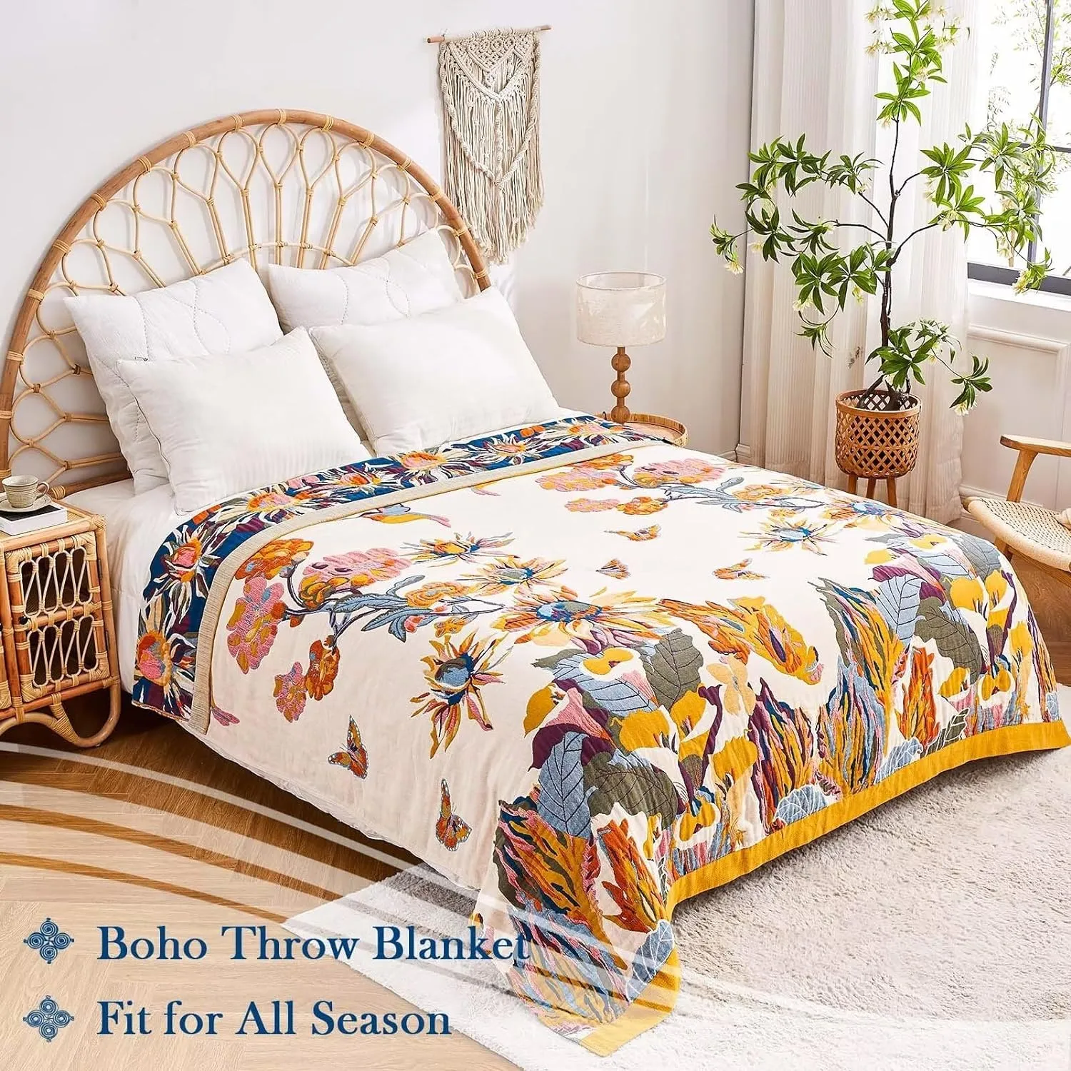Boho Throw Blanket, 100% Cotton Ultra Soft Luxury Throw Rustic Quilt, 60"x80" Floral Bird Butterfly Farmhouse Decor Bed Blankets, All Season Rustic Reversible Bohemian Throw for Bed - Yellow