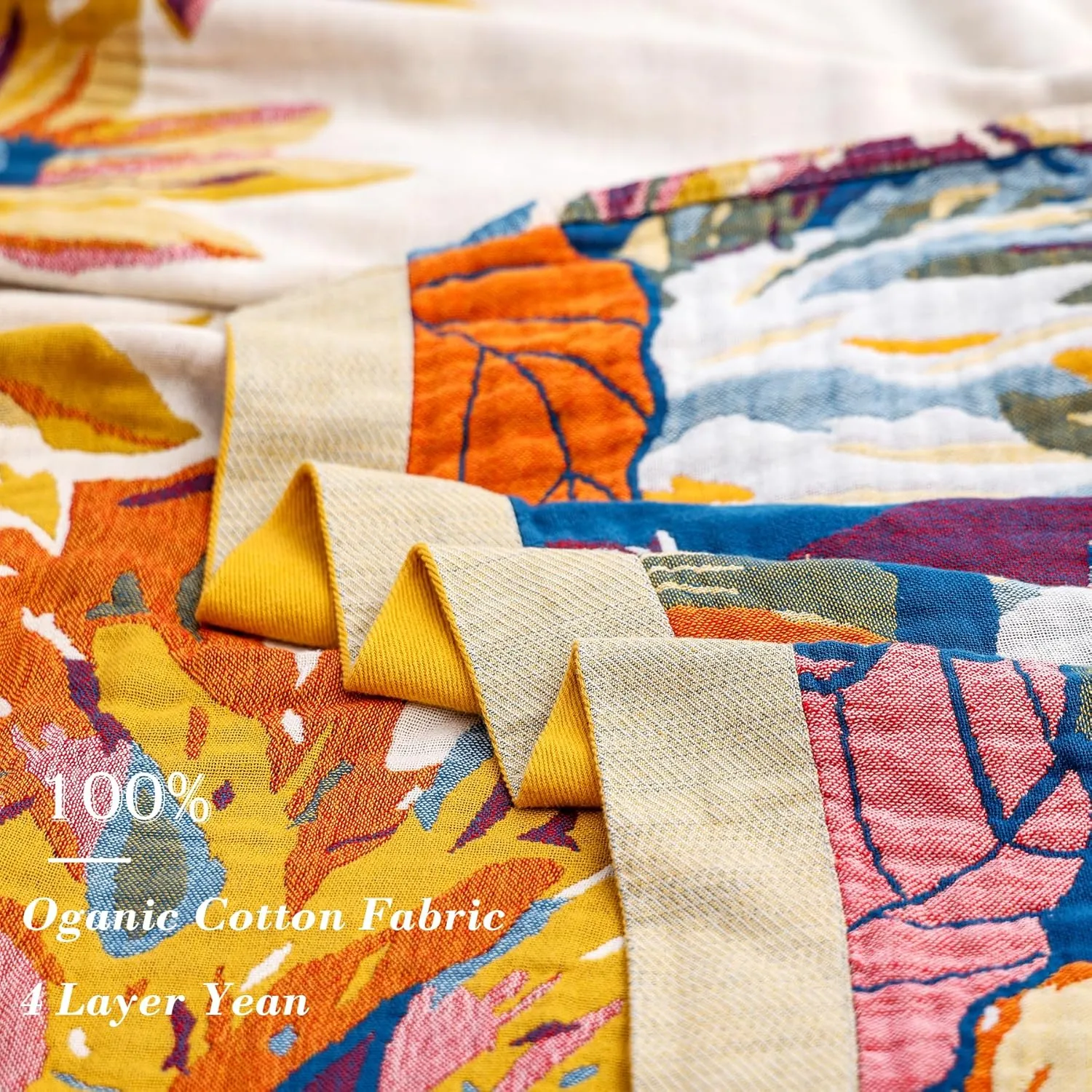 Boho Throw Blanket, 100% Organic Cotton Breathable Lightweight Ultra Soft Bed Quilt Throw - Summer Floral Bird Butterfly Farmhouse Decor Blanket for Sofa Couch Chair and Gift. 60" x 80"