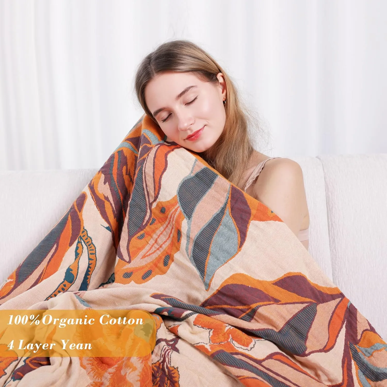Boho Throw Blanket, 100% Organic Cotton Breathable Soft Lightweight All Season Rustic Bed Throw - Floral Bird Farmhouse Decor Blanket for Sofa Couch Chair Quilt and Gift. 60" x 80"