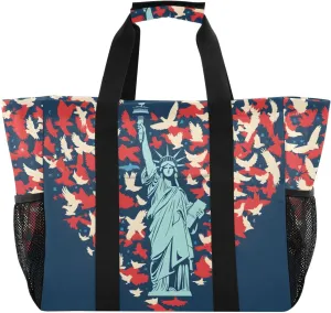 Bolaz Travel Tote Bag，Gym Bag for Men,Waterproof Beach Bag for Women Foldable Reusable-Statue Of Liberty Love Pigeons Dark Blue Background