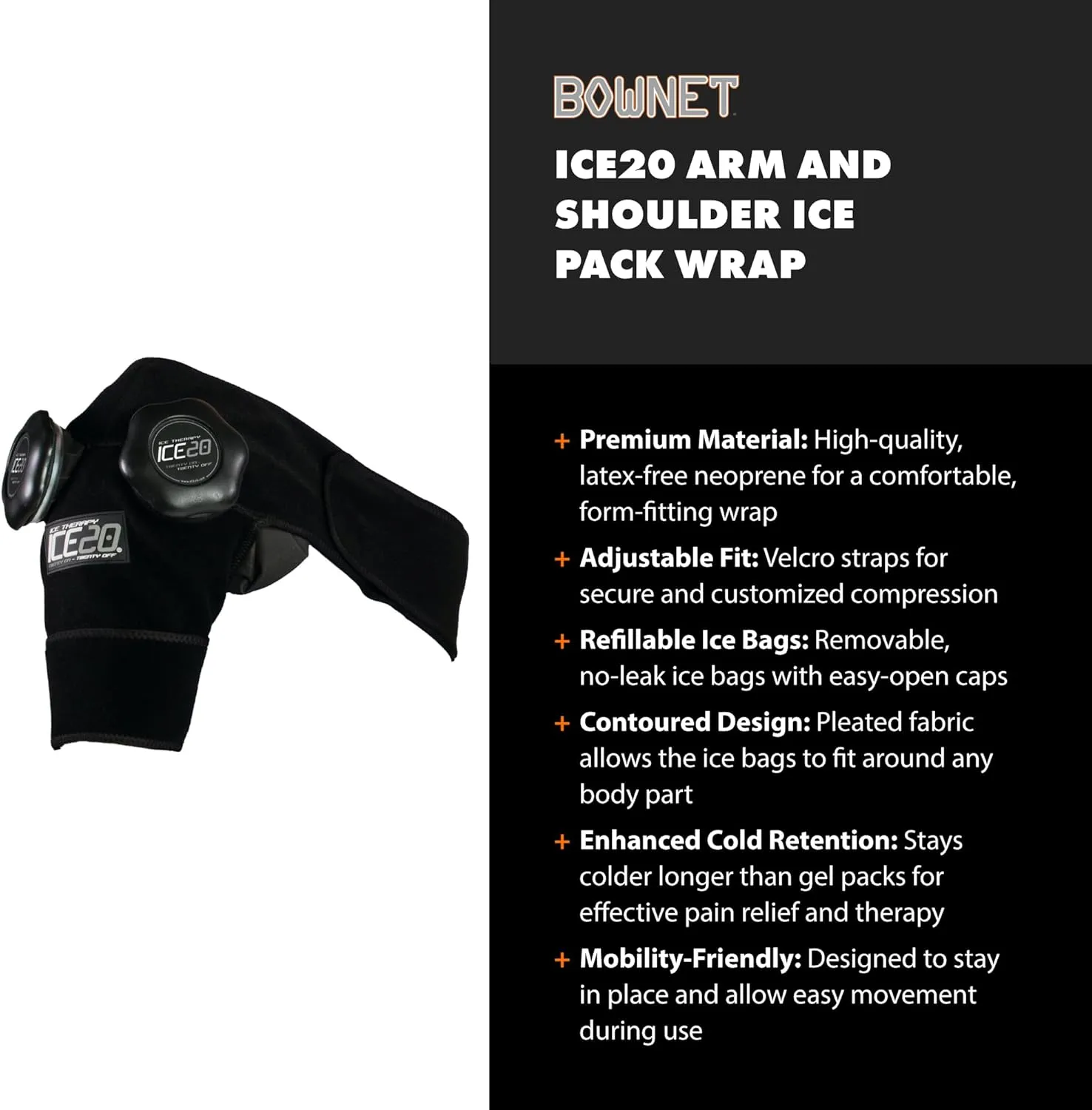 Bownet ICE20 Arm and Shoulder Ice Pack Wrap - Refillable and Removable ICE20 Bags - Shoulder Ice Therapy Wrap - Effective Therapy for Injuries and Pain Relief (Black, Single)