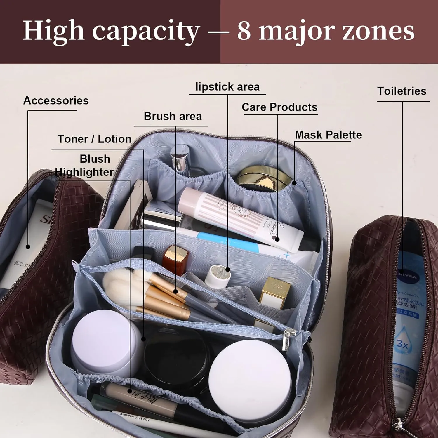 BOYATU Travel Makeup Bags for Women: Large Cosmetic Bag with Compartments - Vegan Leather Make up Bag Set of 3 - Compact Toiletry Organizer for Traveling (L14 Wine red)