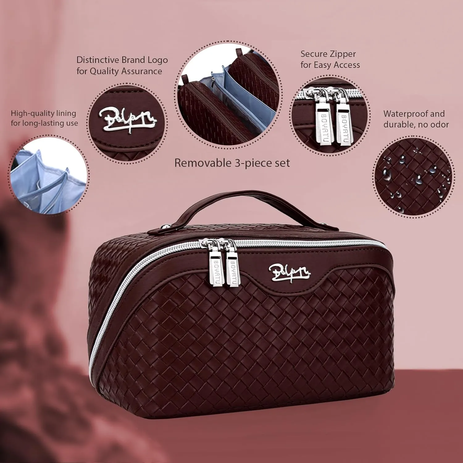 BOYATU Travel Makeup Bags for Women: Large Cosmetic Bag with Compartments - Vegan Leather Make up Bag Set of 3 - Compact Toiletry Organizer for Traveling (L14 Wine red)