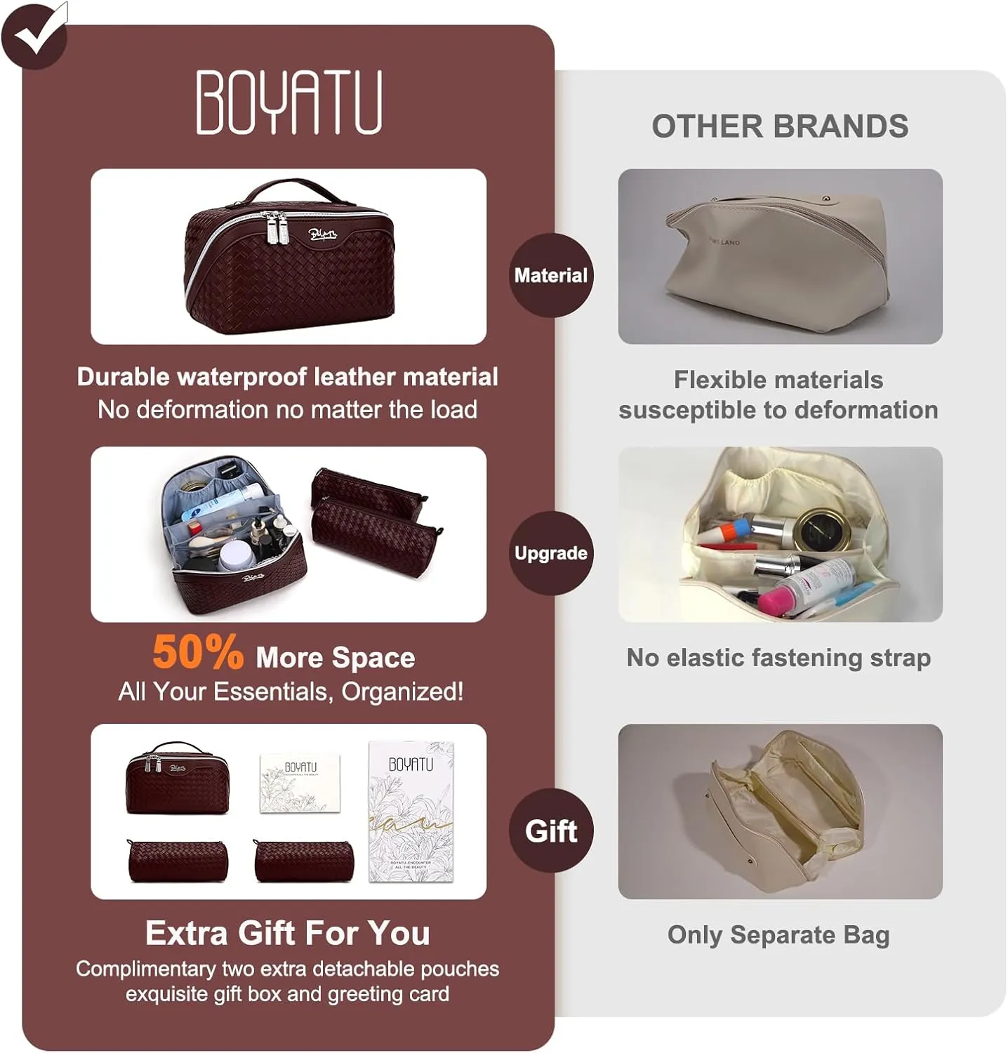 BOYATU Travel Makeup Bags for Women: Large Cosmetic Bag with Compartments - Vegan Leather Make up Bag Set of 3 - Compact Toiletry Organizer for Traveling (L14 Wine red)