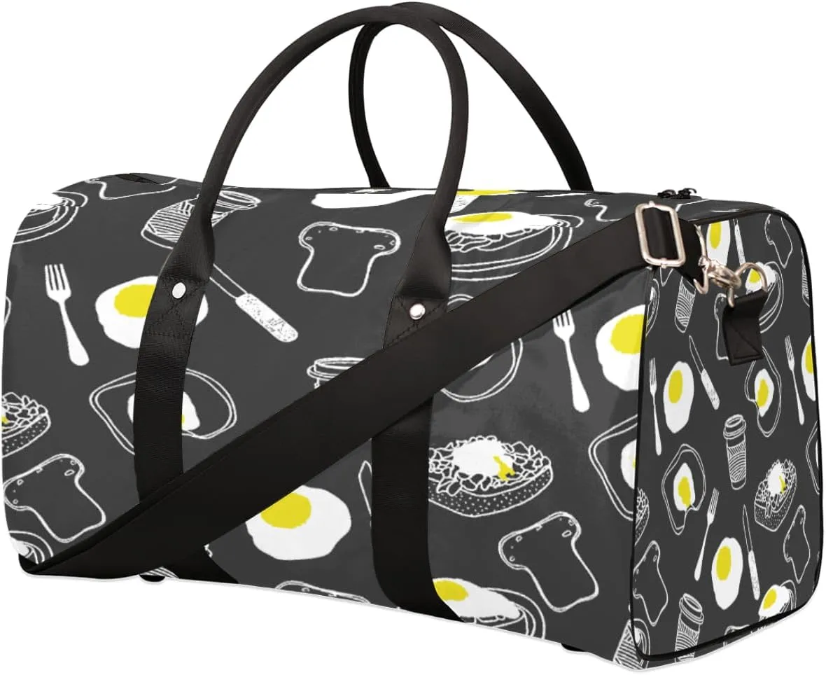 Breakfast Coffee Travel Duffel Bag, Foldable Sport Gym Tote Bag, Waterproof Weekender Overnight Bag with Shoulder Strap, Carry On Luggage Handbag for Men and Women