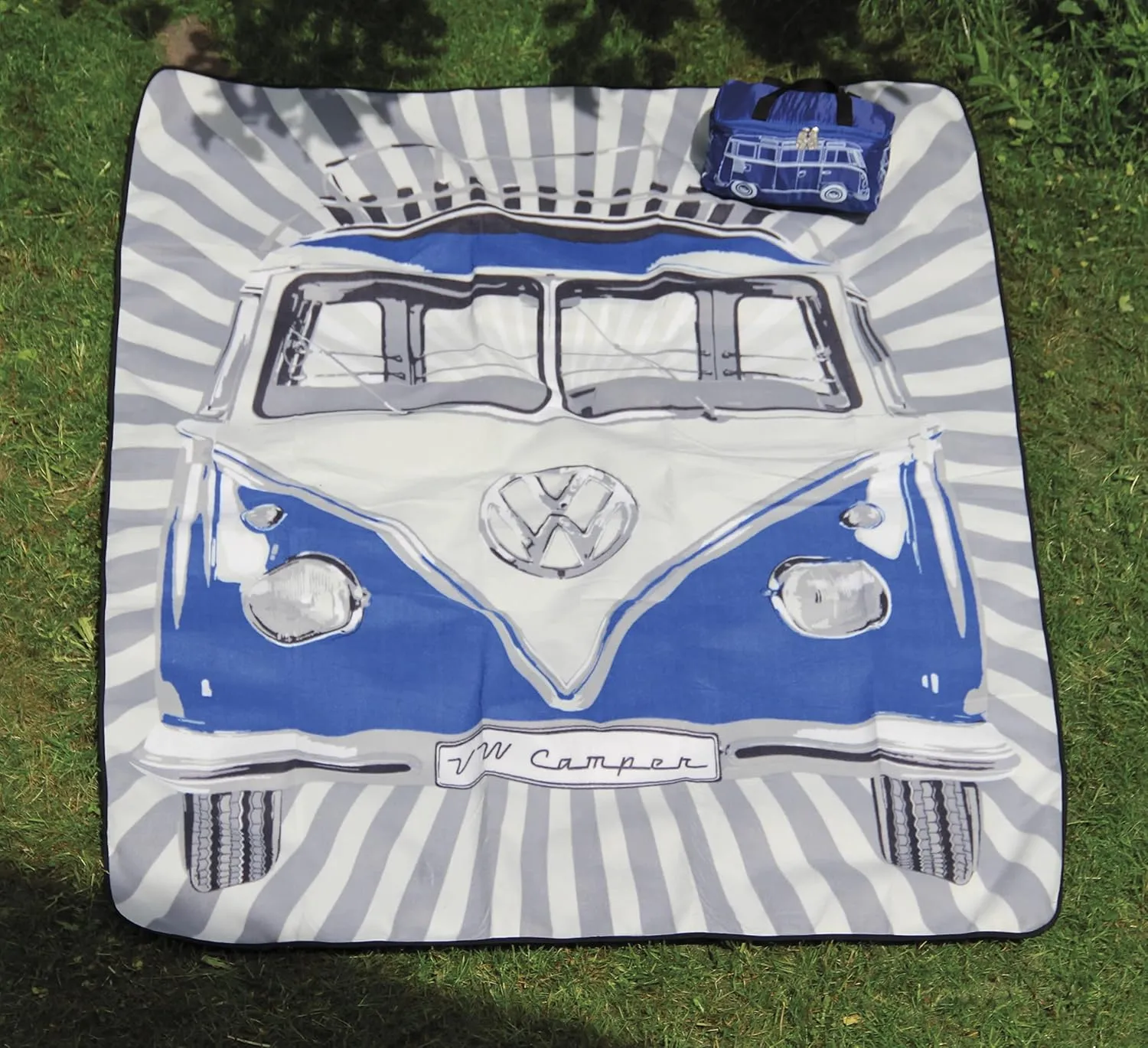 BRISA VW Collection - Volkswagen Picnic Cuddle Throw Blanket T1 Bus Campervan (Samba Stripes/Blue/200x150cm/59x78.7 in.)