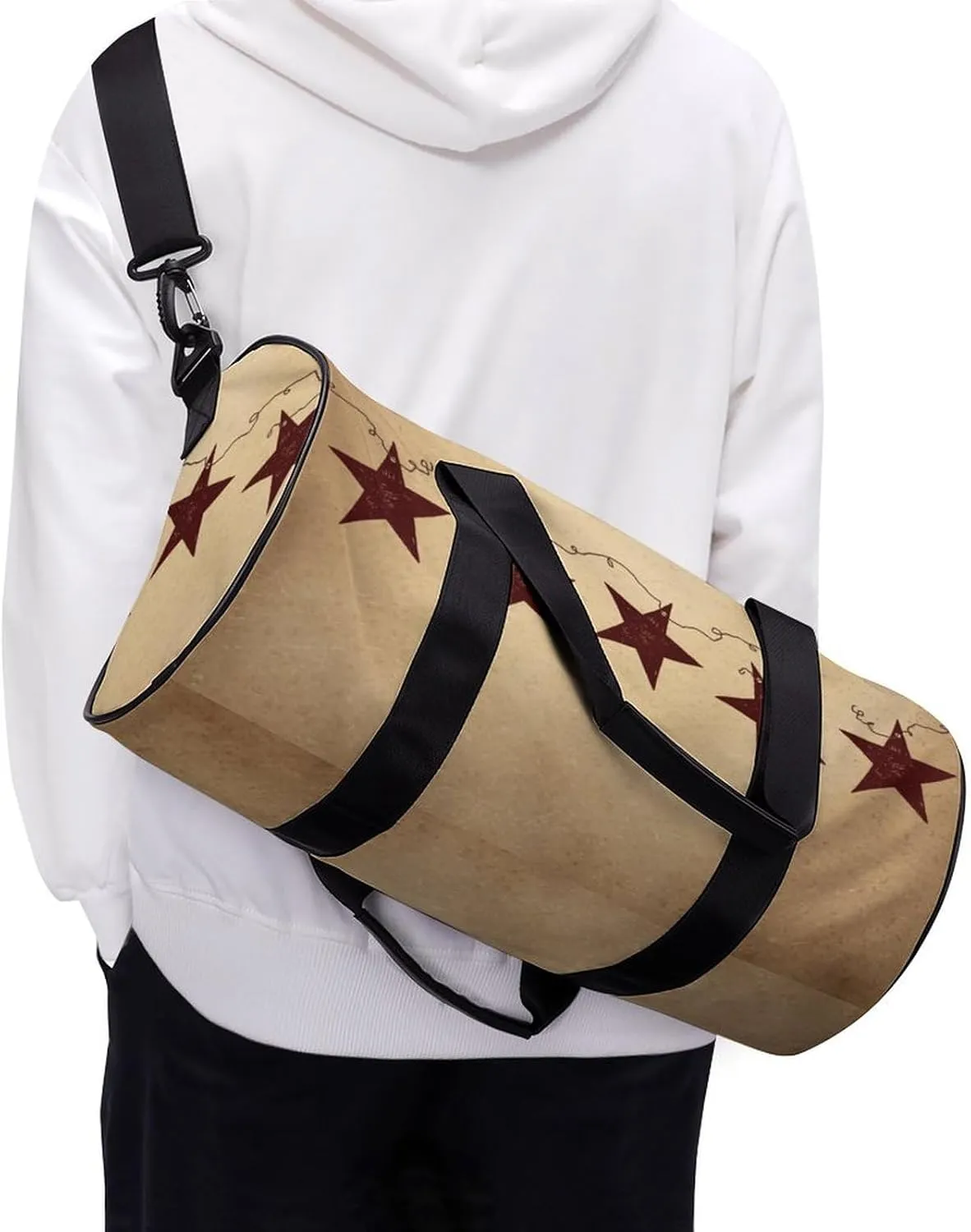 Brown Vintage Rusty Stars Primitive Country Rustic Primitives Large Capacity Cylindrical Fitness Bag, Hand-held Fitness Bag