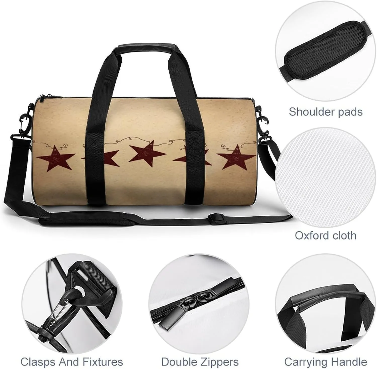 Brown Vintage Rusty Stars Primitive Country Rustic Primitives Large Capacity Cylindrical Fitness Bag, Hand-held Fitness Bag