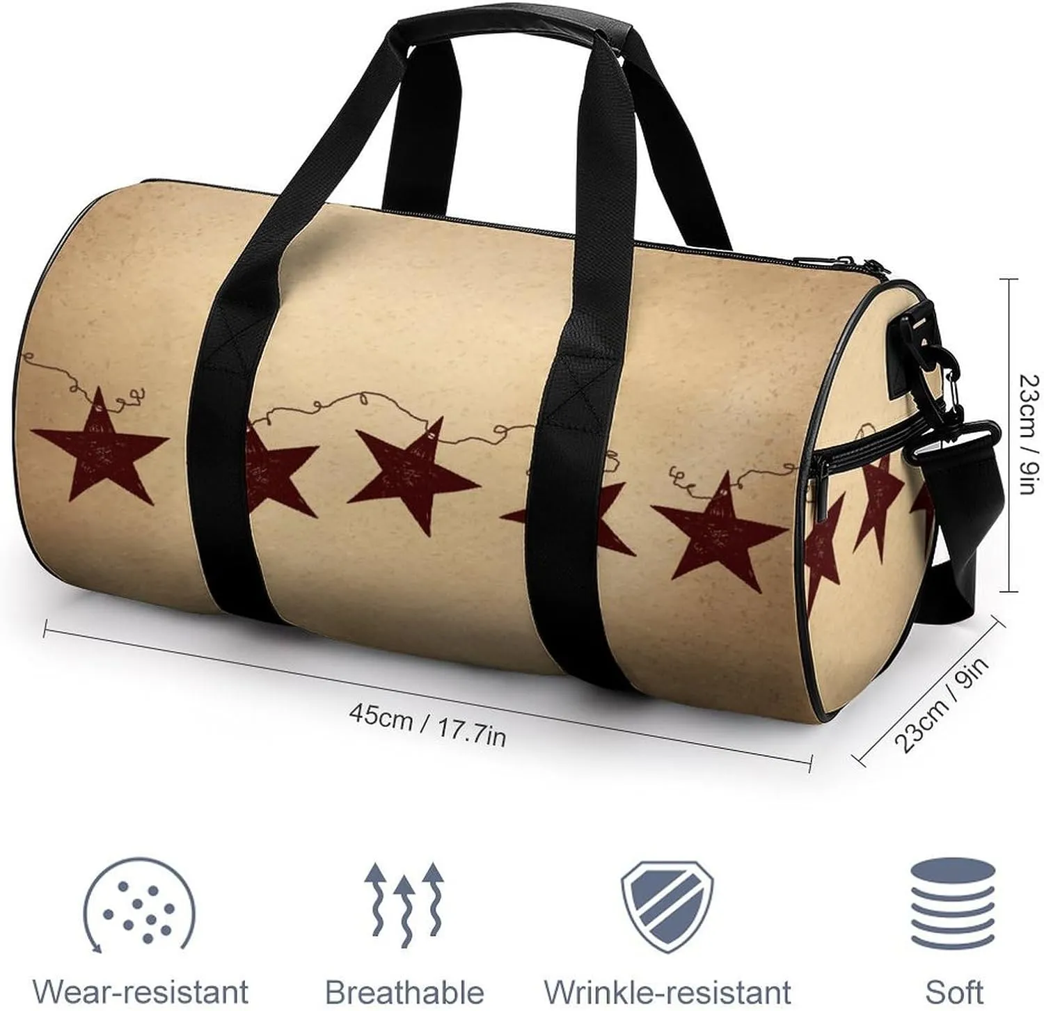 Brown Vintage Rusty Stars Primitive Country Rustic Primitives Large Capacity Cylindrical Fitness Bag, Hand-held Fitness Bag