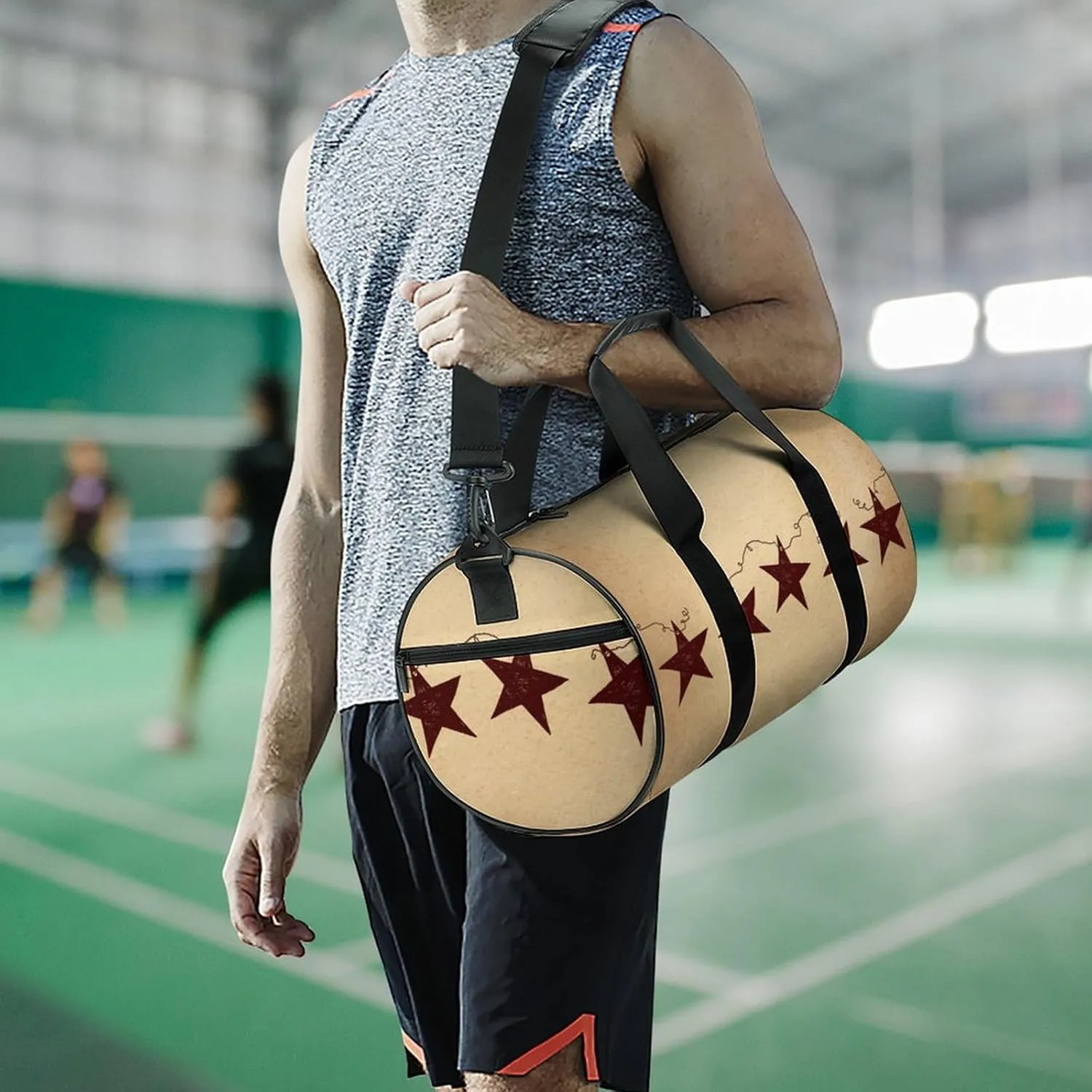 Brown Vintage Rusty Stars Primitive Country Rustic Primitives Large Capacity Cylindrical Fitness Bag, Hand-held Fitness Bag
