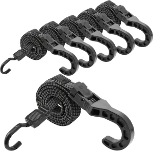 Bungee Cords with Hooks, 48 inch Adjustable Bungee Cords Heavy Duty Outdoor, Extra Strong Black Adjust Elastic Bungee Strap Tie Down Rope with Plastic Hooks for Camping, Tarps, Trucks, 6 Pack