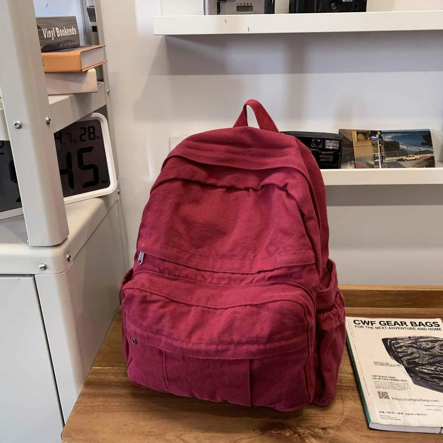Burgundy Red Canvas Backpack for Women Retro Aesthetic Rucksack Basic Backpack for High School/College Students Travel Laptop Bag