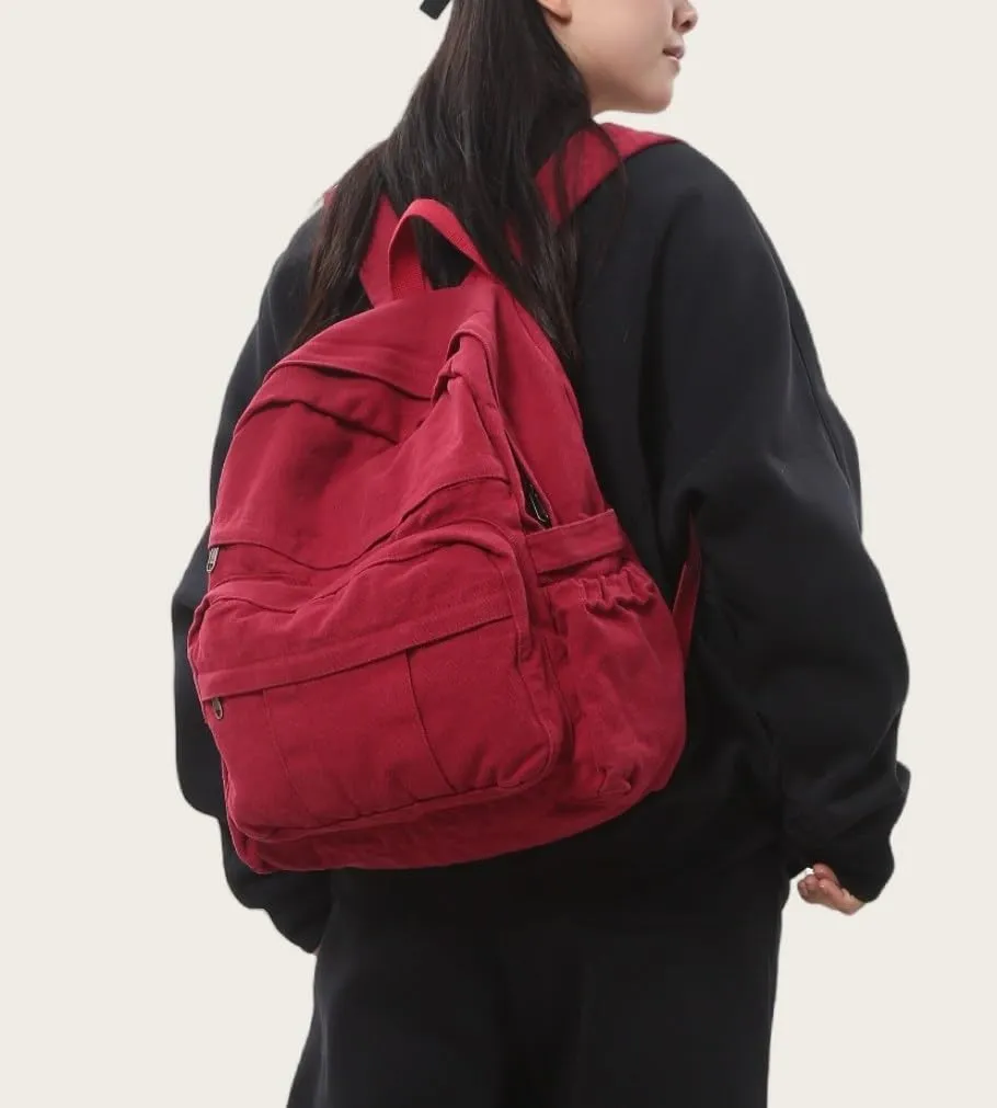 Burgundy Red Canvas Backpack for Women Retro Aesthetic Rucksack Basic Backpack for High School/College Students Travel Laptop Bag