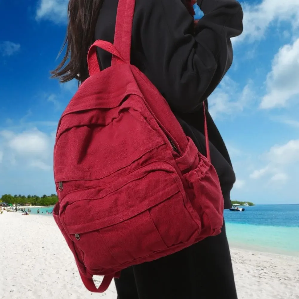 Burgundy Red Canvas Backpack for Women Retro Aesthetic Rucksack Basic Backpack for High School/College Students Travel Laptop Bag