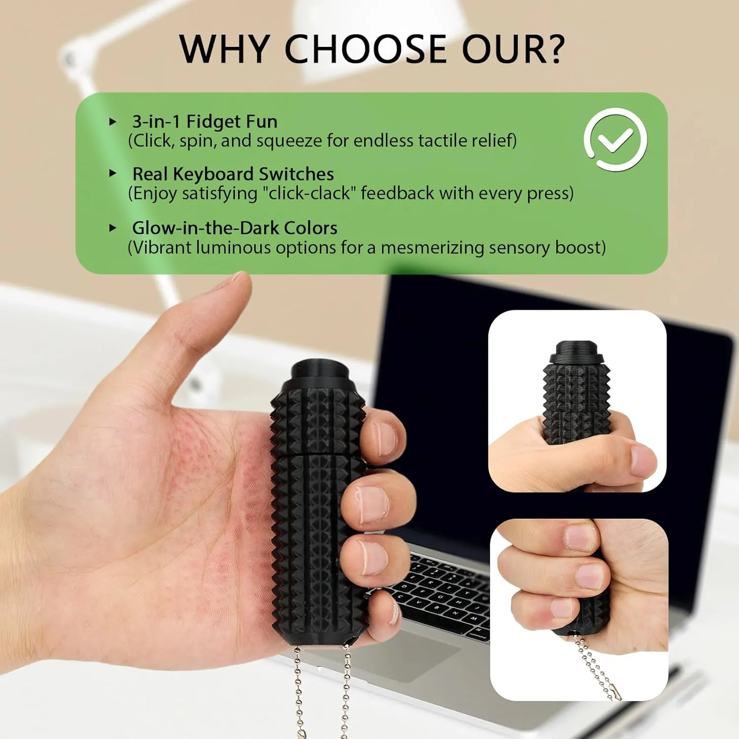 Button Click,Spinners,Pain Stim,3-in-1 Design of Little Ouchies Fidget Toy with Keychain,Spiky Toys Stress Relief for Adults