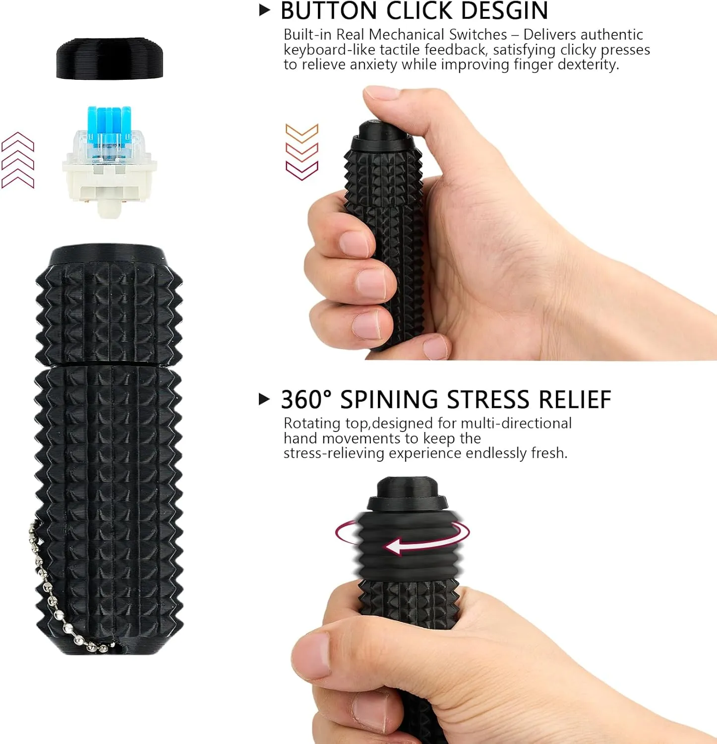 Button Click,Spinners,Pain Stim,3-in-1 Design of Little Ouchies Fidget Toy with Keychain,Spiky Toys Stress Relief for Adults