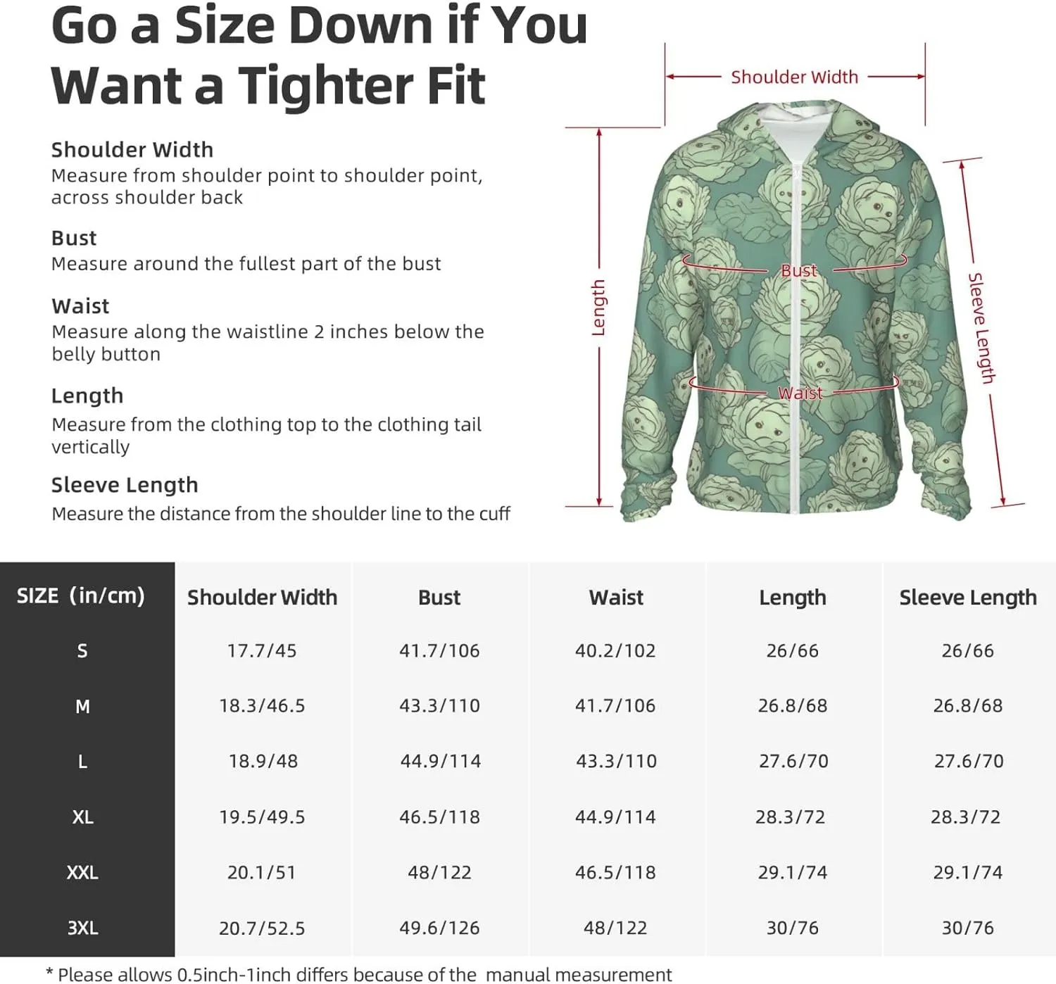 Cabbage Pattern Sun Protection Hoodie Jacket Full Zip Long Sleeve Fishing Shirts With Pockets Sun Shirts
