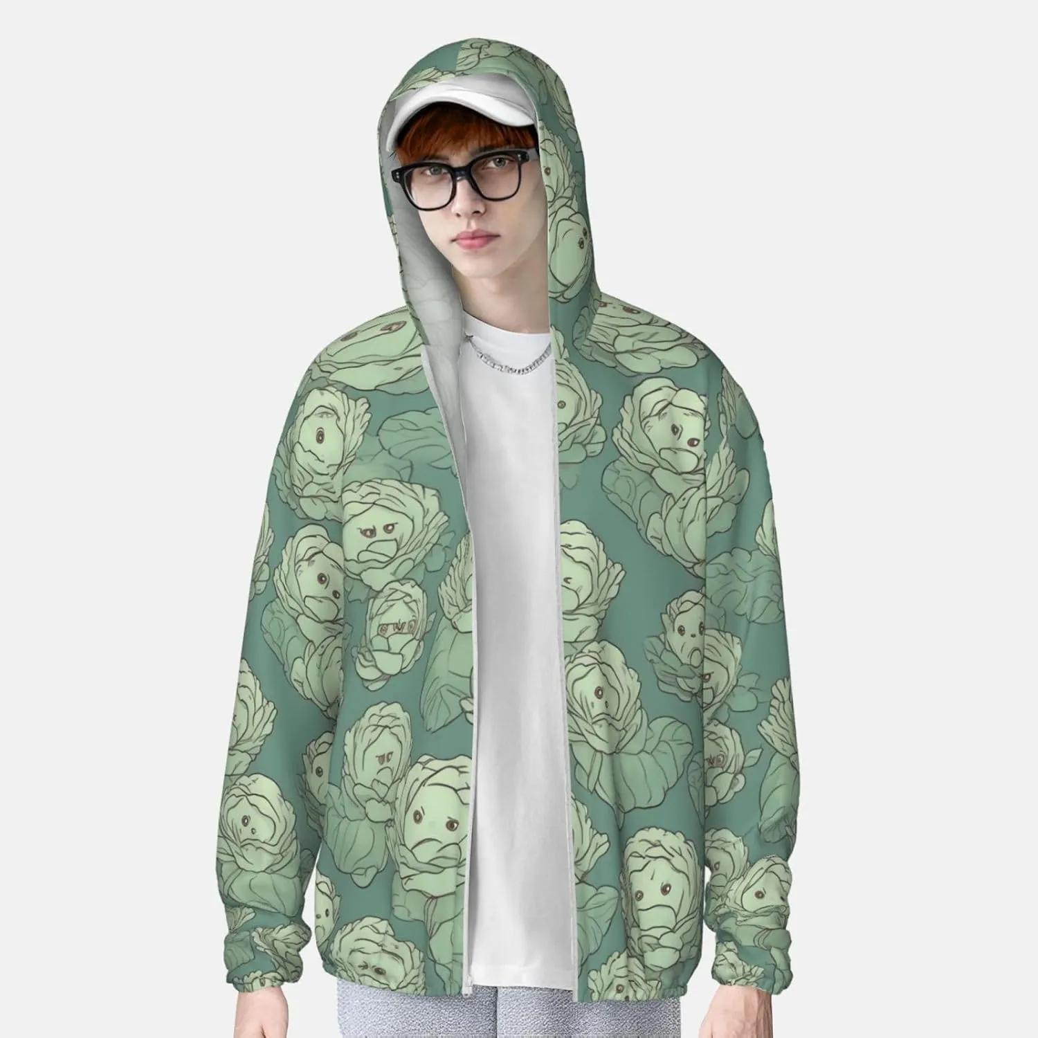 Cabbage Pattern Sun Protection Hoodie Jacket Full Zip Long Sleeve Fishing Shirts With Pockets Sun Shirts
