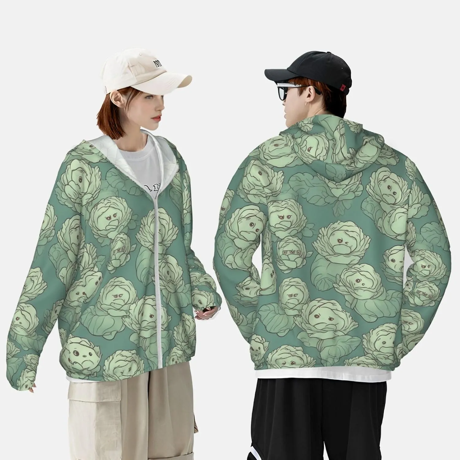 Cabbage Pattern Sun Protection Hoodie Jacket Full Zip Long Sleeve Fishing Shirts With Pockets Sun Shirts