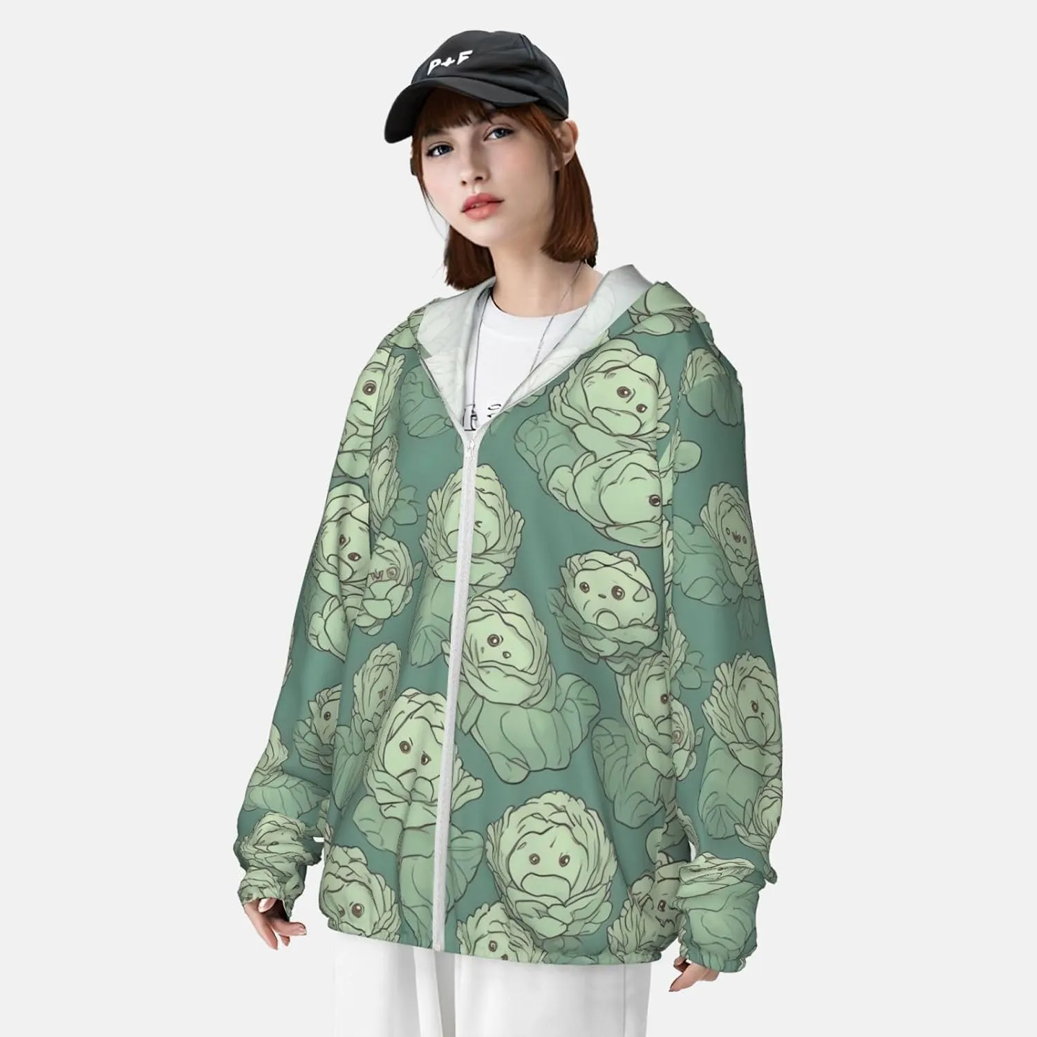 Cabbage Pattern Sun Protection Hoodie Jacket Full Zip Long Sleeve Fishing Shirts With Pockets Sun Shirts