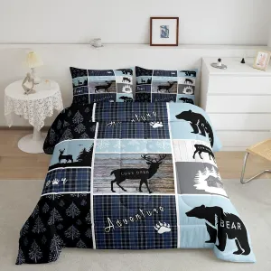 Cabin Rustic Bedding, Twin Bear Deer Woodland Animals Comforter Set For Kids Boys Teens Adult, Wildlife Hunting Lodge Quilt Blue Patchwork Plaid Duvet Insert Vintage Country Farmhouse Down Comforter