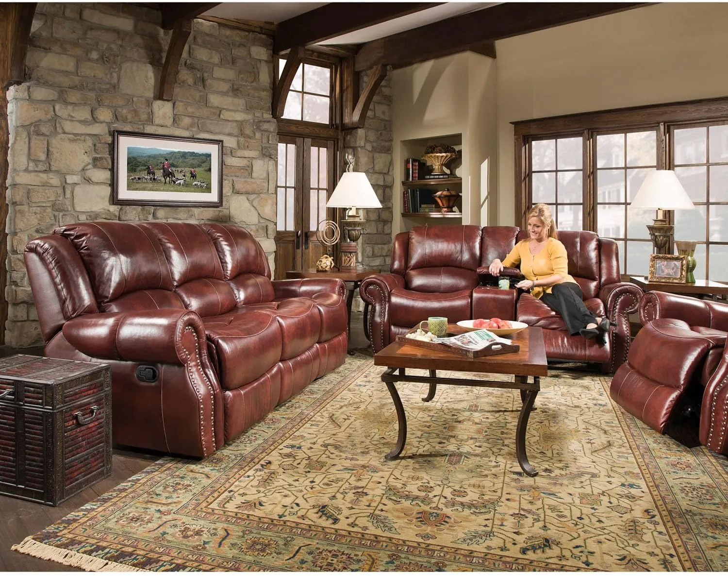 Cambridge Telluride Indoor Double Reclining Couch for Living Room, Family Room, or Man Cave, 100% Genuine Oxblood Leather, Space Saving Modern Rustic Sofa, Deep Seating Couches for Living Room