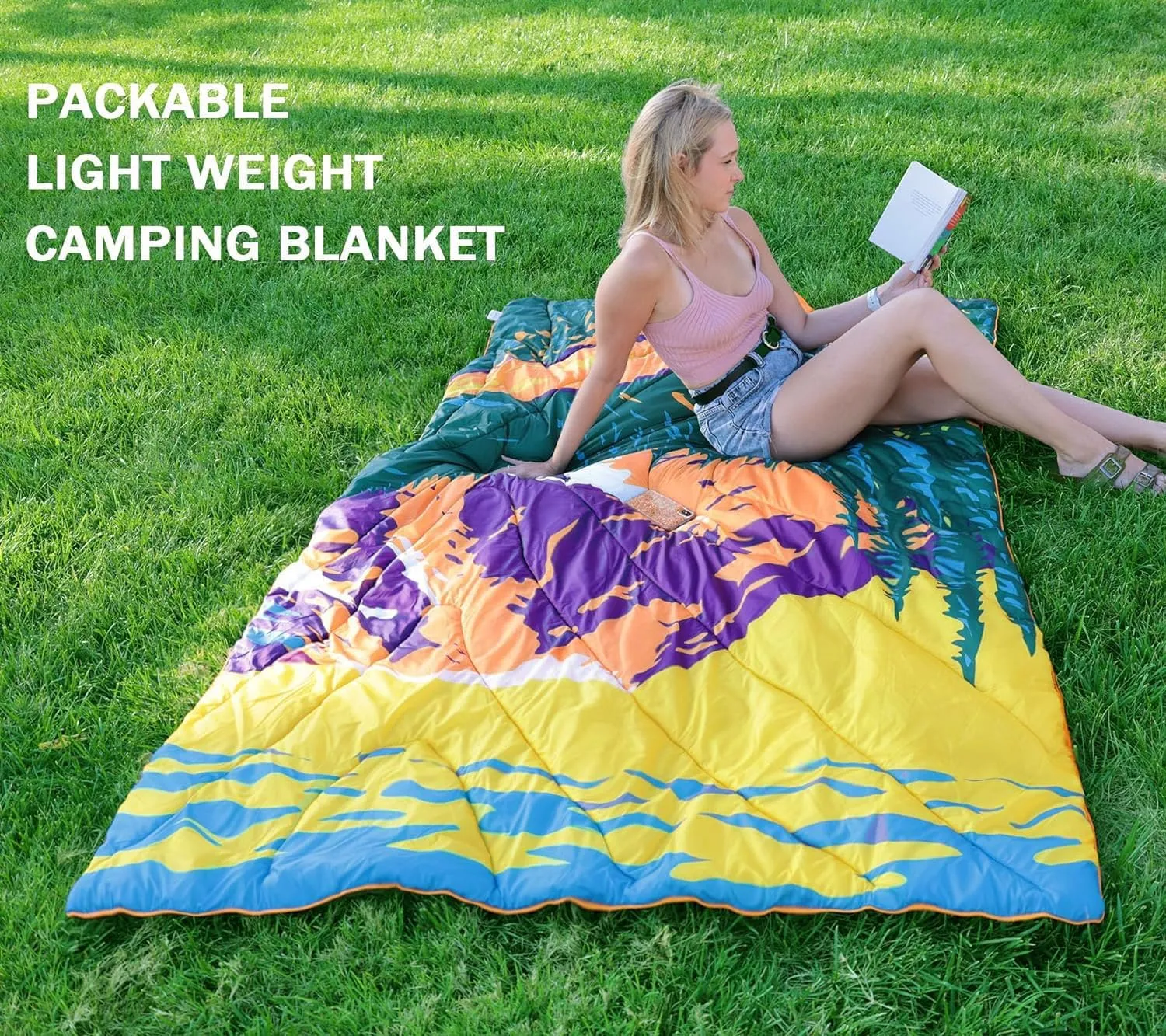 Camping Blanket, Puffy Waterproof Travel Blanket, Warm Cozy Picnic Blanket, for Outdoors, Travel, and Mountain.(Mountain, 78" x 56")