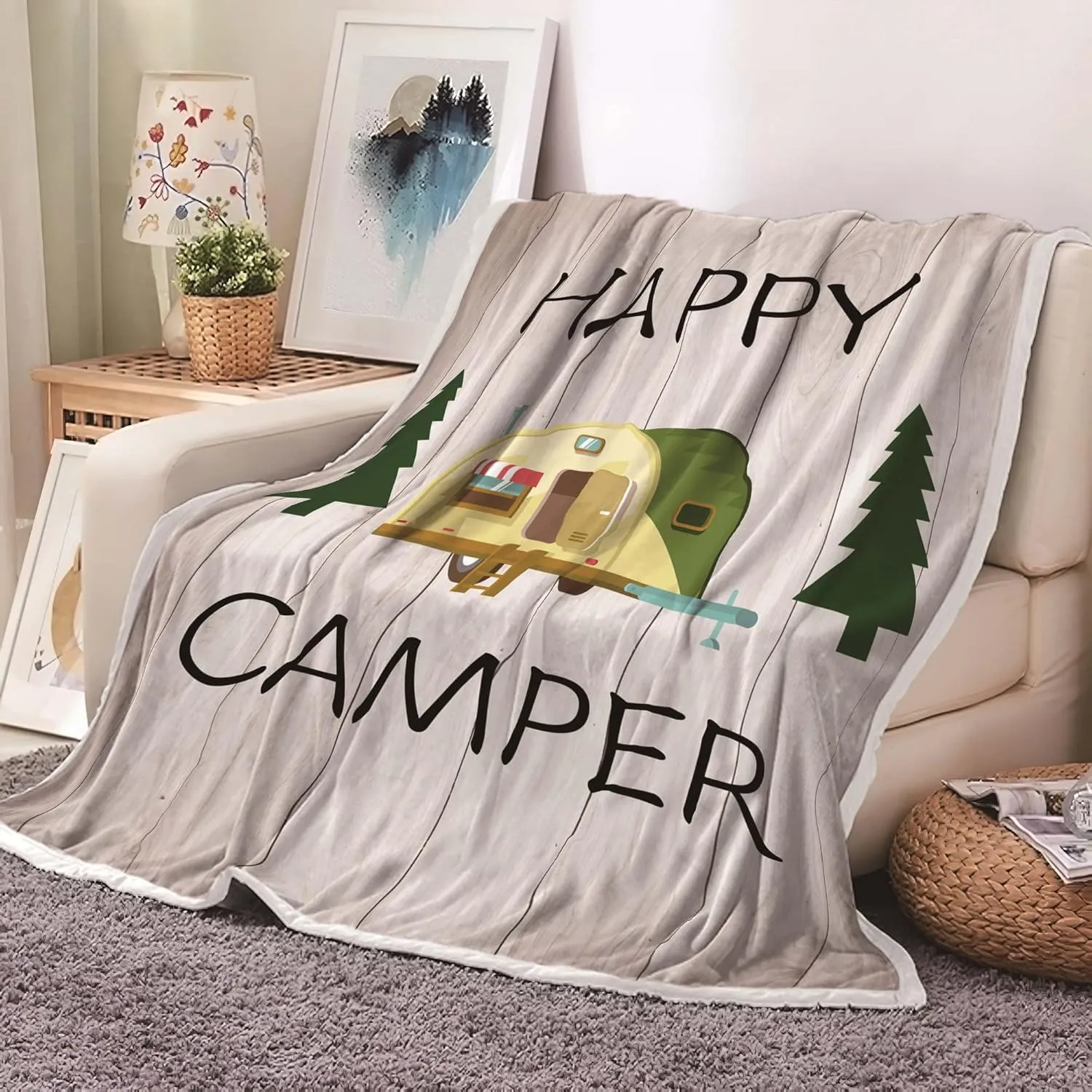 Camping Throw Blanket, Camping Gifts for Camper Outdoor Travel Trailer Blanket, Super Soft Comfy Fleece Flannel Throws Blankets for Couch Bed Sofa Living Room Bedroom Decor Beige 50x60 Inch