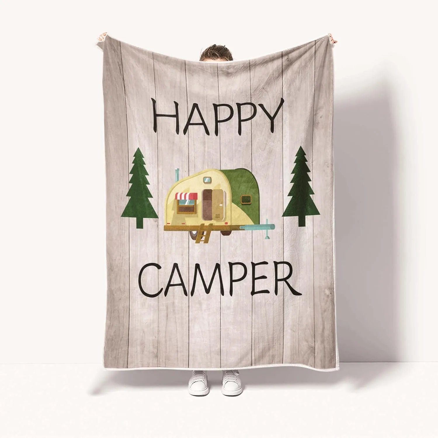 Camping Throw Blanket, Camping Gifts for Camper Outdoor Travel Trailer Blanket, Super Soft Comfy Fleece Flannel Throws Blankets for Couch Bed Sofa Living Room Bedroom Decor Beige 50x60 Inch