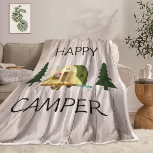 Camping Throw Blanket, Camping Gifts for Camper Outdoor Travel Trailer Blanket, Super Soft Comfy Fleece Flannel Throws Blankets for Couch Bed Sofa Living Room Bedroom Decor Beige 50x60 Inch