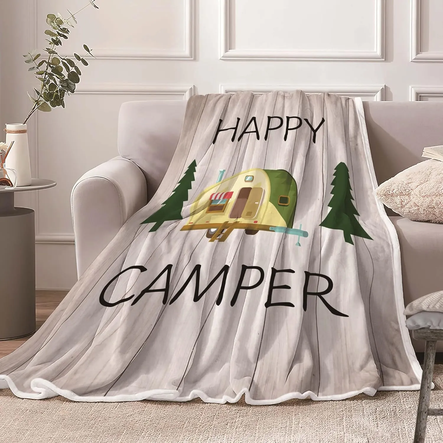 Camping Throw Blanket, Camping Gifts for Camper Outdoor Travel Trailer Blanket, Super Soft Comfy Fleece Flannel Throws Blankets for Couch Bed Sofa Living Room Bedroom Decor Beige 50x60 Inch