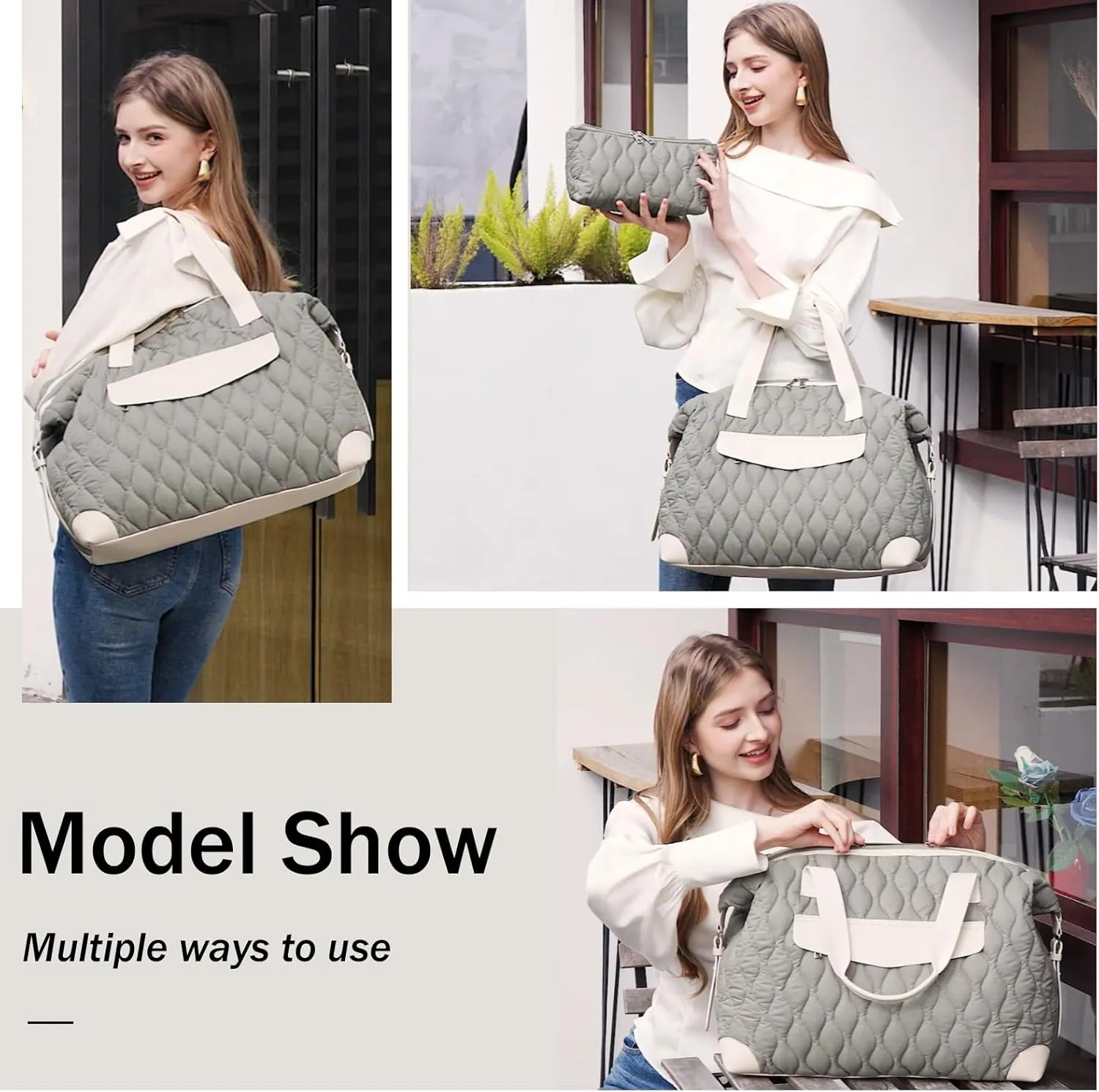 CAMTOP Weekender Tote Bags for Women, Personal Item Travel Bag Puffy Quilted Carry On Overnight Bag with Makeup Bag