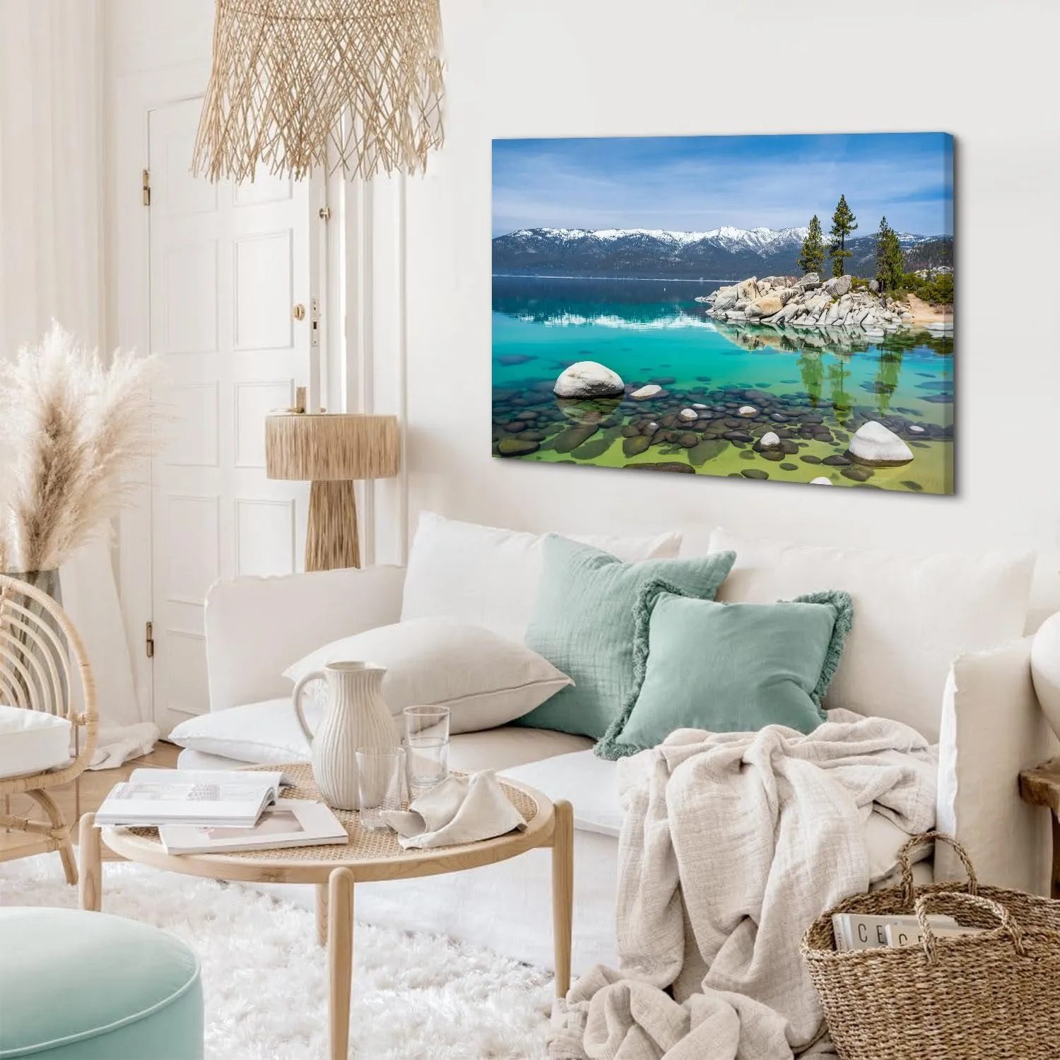 Canvas Prints Wall Art Blue Lake in Mountain Forest Landscape Nature Wilderness Photography Modern Art Rustic Lake Tahoe Scenic Painting Colorful Multicolor for Living Room, Bedroom, Office - 24"x36"