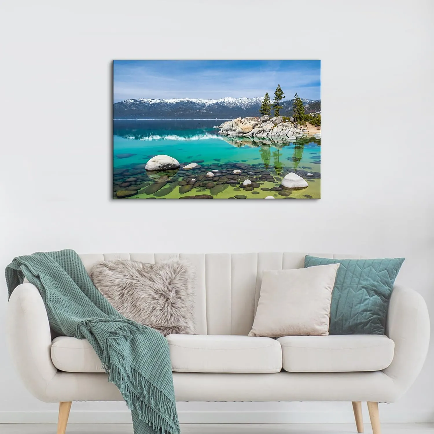 Canvas Prints Wall Art Blue Lake in Mountain Forest Landscape Nature Wilderness Photography Modern Art Rustic Lake Tahoe Scenic Painting Colorful Multicolor for Living Room, Bedroom, Office - 24"x36"