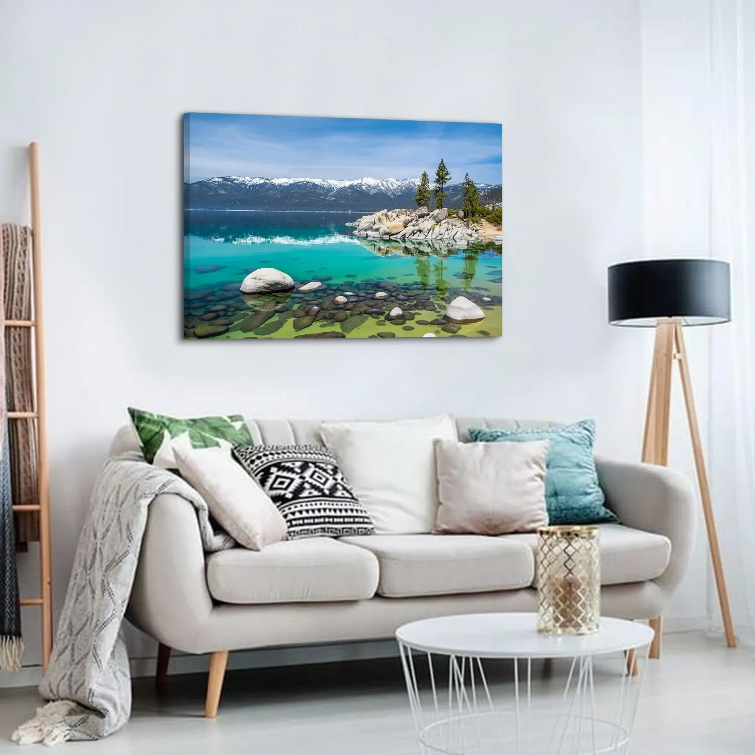 Canvas Prints Wall Art Blue Lake in Mountain Forest Landscape Nature Wilderness Photography Modern Art Rustic Lake Tahoe Scenic Painting Colorful Multicolor for Living Room, Bedroom, Office - 24"x36"