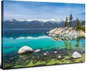 Canvas Prints Wall Art Blue Lake in Mountain Forest Landscape Nature Wilderness Photography Modern Art Rustic Lake Tahoe Scenic Painting Colorful Multicolor for Living Room, Bedroom, Office - 24"x36"