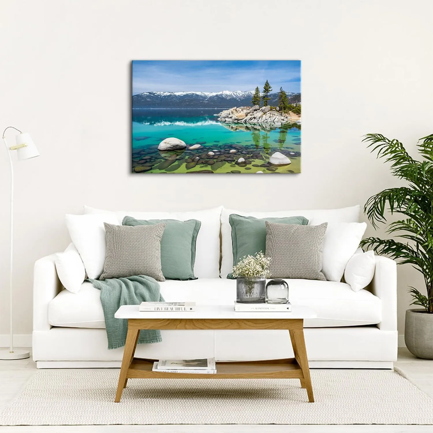 Canvas Prints Wall Art Blue Lake in Mountain Forest Landscape Nature Wilderness Photography Modern Art Rustic Lake Tahoe Scenic Painting Colorful Multicolor for Living Room, Bedroom, Office - 24"x36"
